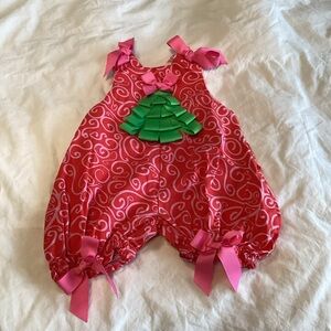 Mud Pie Red Swirl Baby Romper with Pink Bows Ribbon Christmas Tree 0-6 months